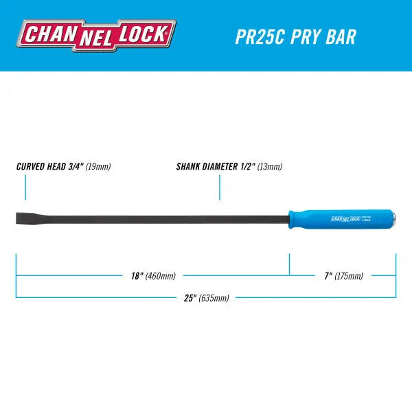 Channellock Curved Strike Cap Professional Pry Bar, 1/2 x 18 in, 25 in Overall Length - CL PR25C Channellock