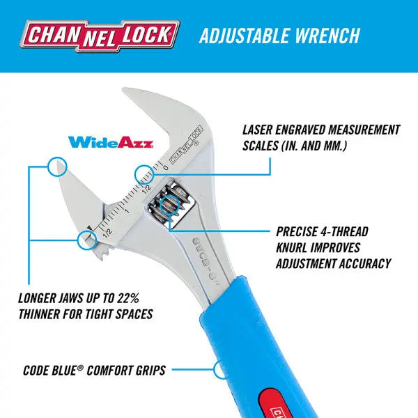 Channellock Code Blue WideAzz Chrome Adjustable Wrench, 8 in - CL 8WCB Channellock