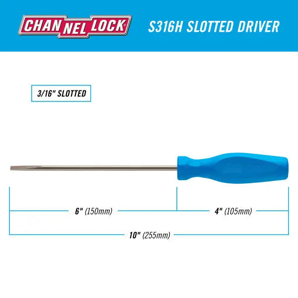 Channellock Magnetic Tip Professional Slotted Screwdriver, 3/16 x 6 in - CL S316H Channellock