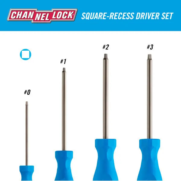 Channellock Set of 4 Tri-lobe Grip Natural Finish Square Recess Screwdrivers - CL SQ-4H Screwdriver Set Channellock