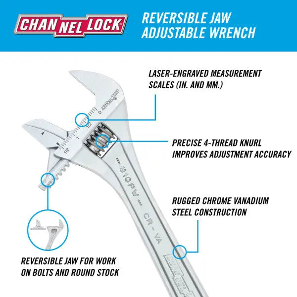 Channellock Reversible Jaw Chrome Adjustable Wrench, 10 in - CL 810PW Adjustable Wrench Channellock