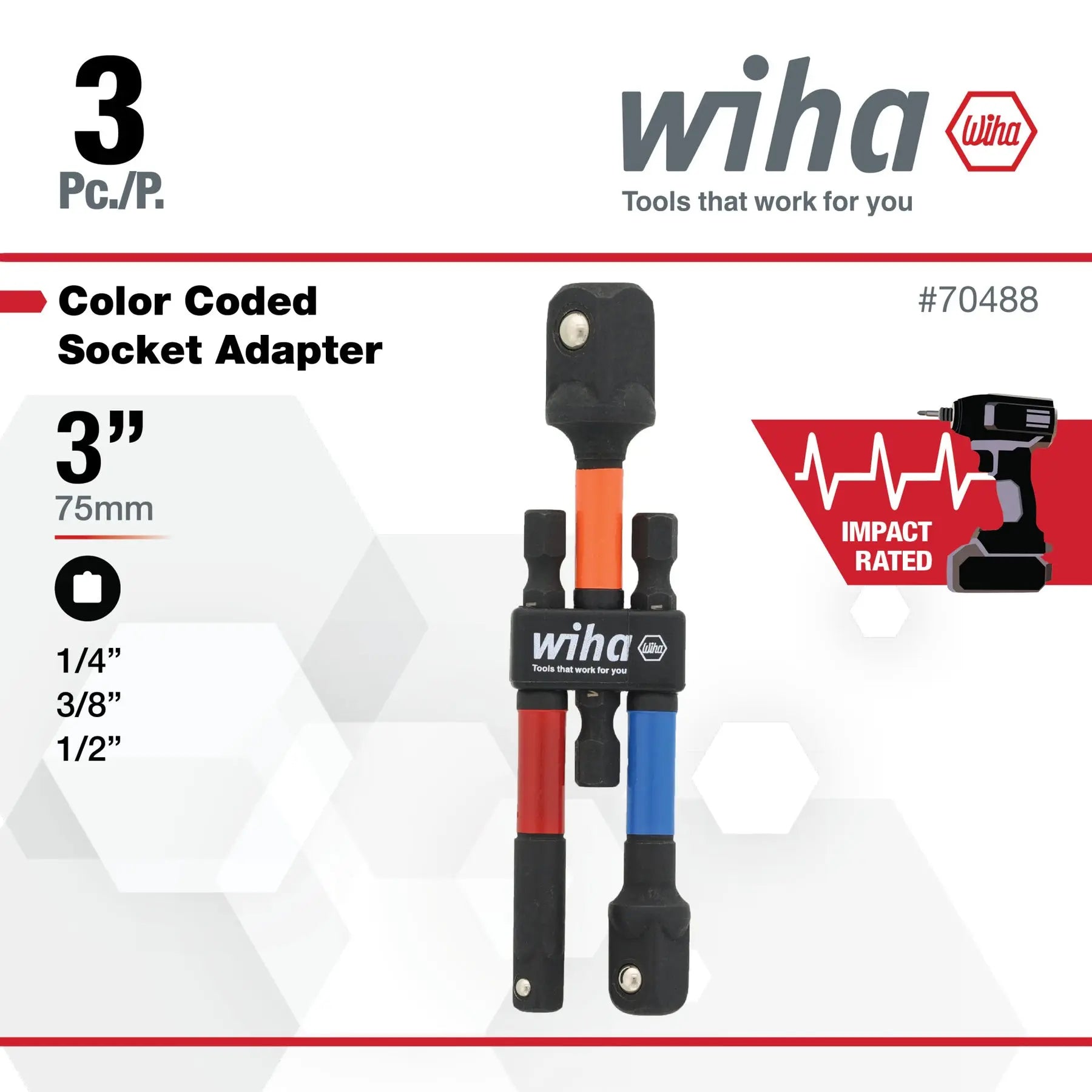 Wiha Set of 3 Color Coded Socket Adapters - WI 70488 Wiha