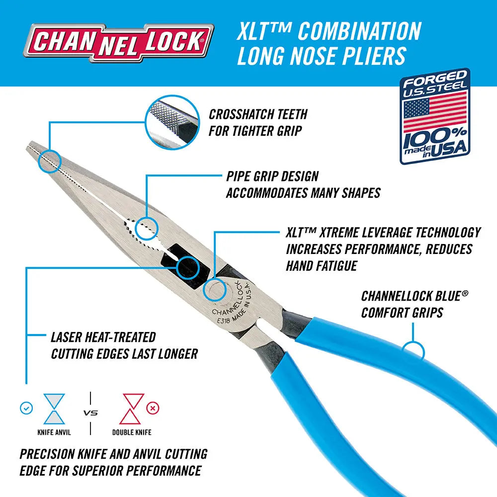 Channellock XLT Combination Long Nose Plier with Cutter, 8 in - CL 318 Channellock