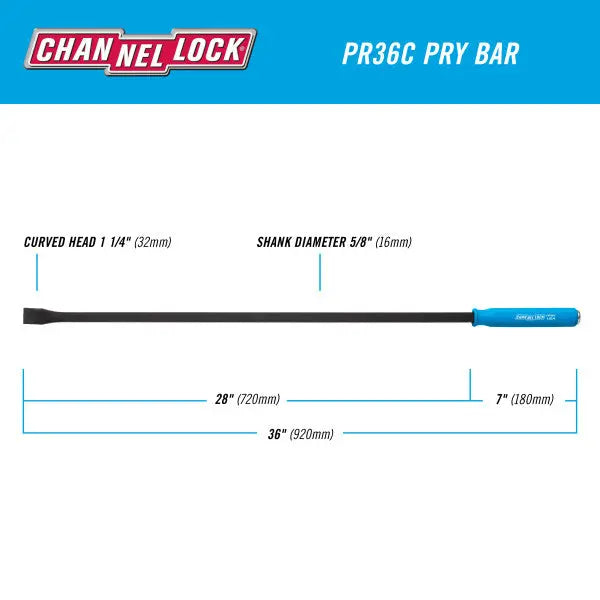 Channellock Curved Strike Cap Professional Pry Bar, 1-1/4 x 28 in, 36 in Overall Length - CL PR36C Channellock